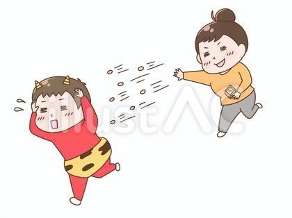 節分で鬼に豆を投げる女の人