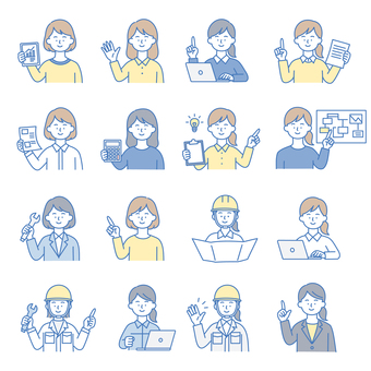 ビジネス系の女性人物アイコンセット 人物,アイコン,女性,ビジネス,セット,顔,指さし,仕事,職業,営業のイラスト素材