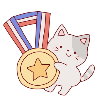 メダルと猫 メダル,猫,運動会,おめでとう,動物,優勝,線画,可愛い,ゆるい,手描きのイラスト素材