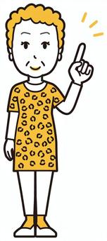  大阪のおばちゃん(黄)-125-全身 指差し,笑顔,おばちゃん,大阪,ヒョウ柄,おばはん,中年,女性,関西,派手のイラスト素材