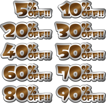 茶色　割引数字　OFF 割引,％,off,５％,１０％,２０％,３０％,４０％,５０％,６０％のイラスト素材