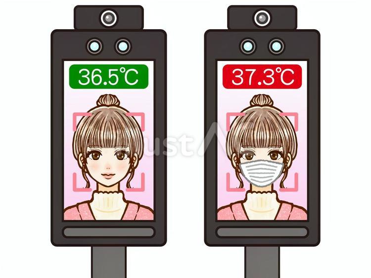 顔認証で体温検査をする大人女性のイラスト 顔認証体温計,顔認証,体温計のイラスト素材