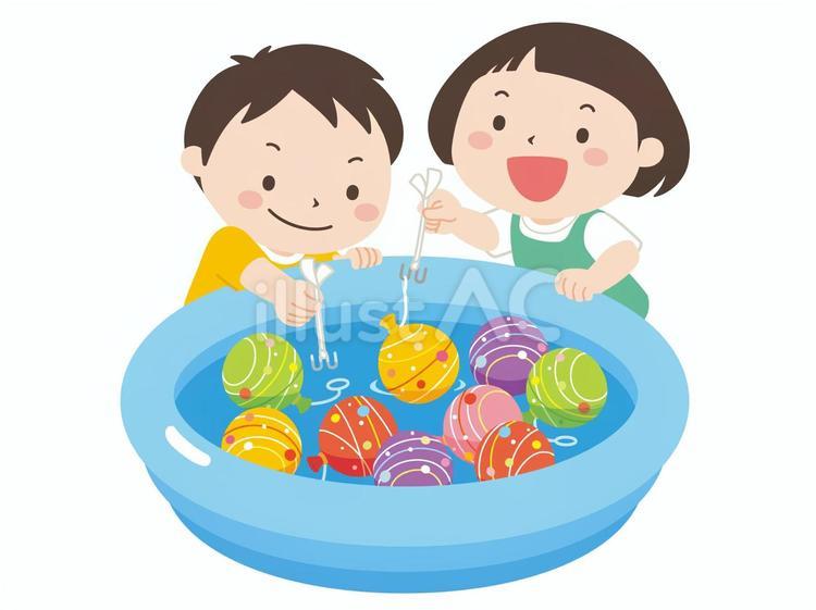 ヨーヨーつりを楽しむ子ども ヨーヨーつり,水風船,子どものイラスト素材