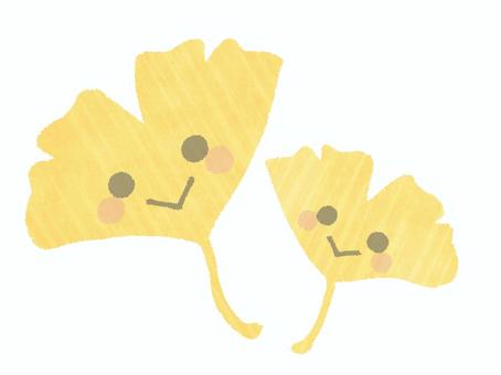 イチョウの葉っぱ（顔あり） イチョウ,葉っぱ,黄色,扇形,顔,笑顔,擬人化,秋,落ち葉,枯葉のイラスト素材
