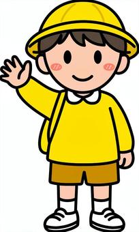 幼稚園児の黄色の男の子です。 幼稚園,園児,シンプル,子供,帽子,鞄,スモック,保育,男の子,黄色のイラスト素材