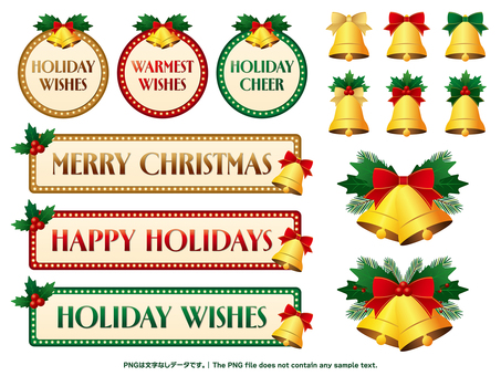 ベルとリボンのクリスマス装飾セット クリスマス,フレーム,アイコン,見出し,タイトル,枠,ポイント,ベル,鐘,もみの木のイラスト素材