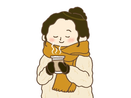 ホットドリンクでリラックスしている女性３ 女性,冬,ホットドリンク,マフラー,手袋,コート,冬服,休憩,屋外,散歩のイラスト素材
