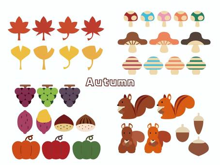 秋のイラスト素材 秋,紅葉,イチョウ,きのこ,ぶどう,イモ,栗,かぼちゃ,リス,どんぐりのイラスト素材