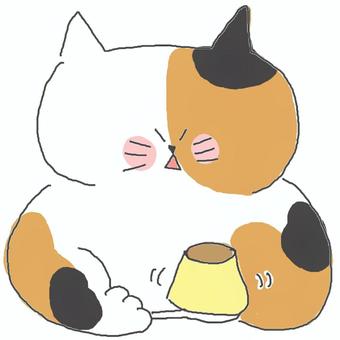 プリンを食べる三毛猫ちゃん♪ かわいい,プリン,デザート,スイーツ,甘い,おやつ,ねこ,三毛猫,動物,いきもののイラスト素材