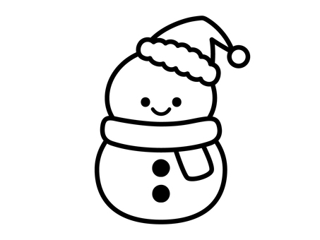 かわいいサンタ帽子の雪だるま／白黒線画 雪だるま,クリスマス,冬,雪,雪遊び,帽子,マフラー,線画,ぬりえ,白黒のイラスト素材