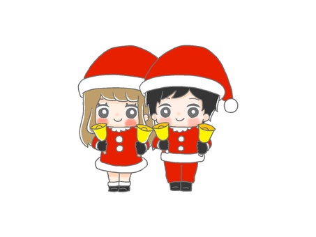 ハンドベル　サンタ二人組１ 手描き,女の子,男の子,黒髪,茶髪,仮装,コスプレ,衣装,帽子,ワンピースのイラスト素材