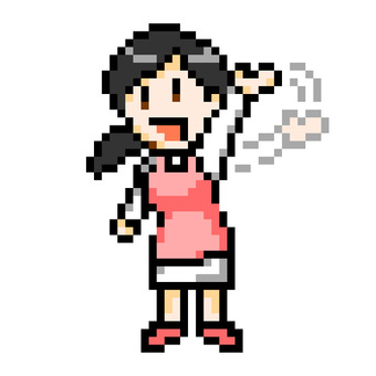 Pixel art of a pink apron woman waving, , JPG and PNG