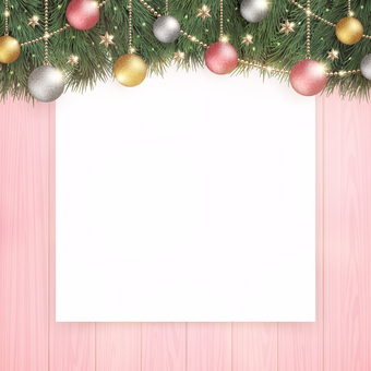 クリスマスツリーとピンクの木目のボード クリスマス,ピンク,ガーリー,オーナメント,カワイイ,メリー,赤,冬,もみの木,フレームのイラスト素材