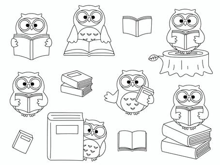 本とフクロウ（手書き風） 本,フクロウ,読書,切り株,図書,読む,アイコン,イラスト,キャラクター,手書き風のイラスト素材