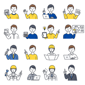 ビジネス系の男性人物アイコンセット 人物,アイコン,男性,ビジネス,セット,顔,指さし,仕事,職業,営業のイラスト素材