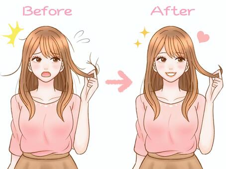 髪質改善する大人女性のイラスト素材 枝毛,女性,髪の毛,髪質改善,アホ毛,ダメージヘア,ヘアケア,ロングヘアー,髪,茶髪のイラスト素材