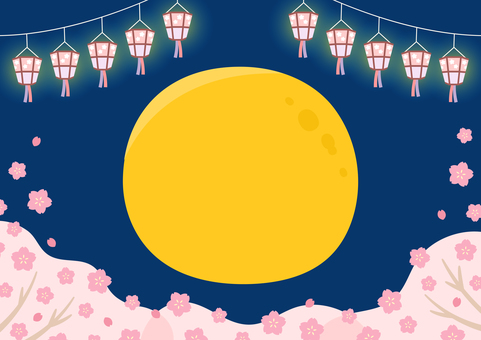 夜桜と満月と提灯 桜,春,花,背景,フレーム,花びら,夜桜,提灯,花見,お花見のイラスト素材