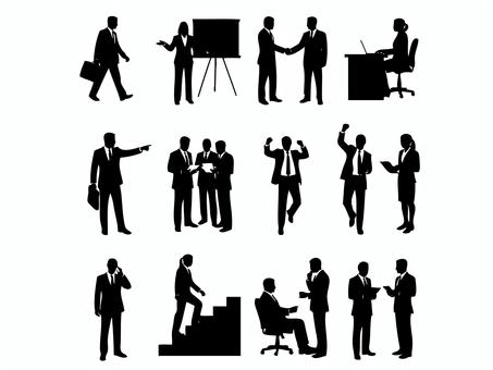 営業・会議・デスクワークビジネスシーン ビジネス,スーツ,シルエット,働く,オフィス,会議,プレゼン,握手,デスクワーク,指示のイラスト素材