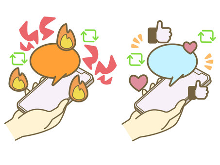 コメントで炎上と好評　スマホイラスト スマホ,スマートフォン,コメント,sns,炎上,いいね,好評,グッド,燃える,炎のイラスト素材