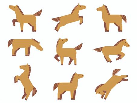 和モダン、北欧風の馬のセット2 午,午年,馬,干支,2026年,令和8年,和,ポーズ,走る,駆けるのイラスト素材