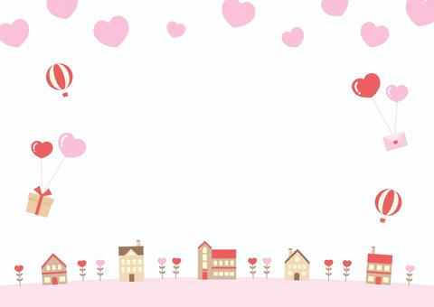 バレンタインの街並みの背景03 バレンタイン,ハート,街並み,背景,フレーム,プレゼント,風船,2月,冬,バレンタインデーのイラスト素材