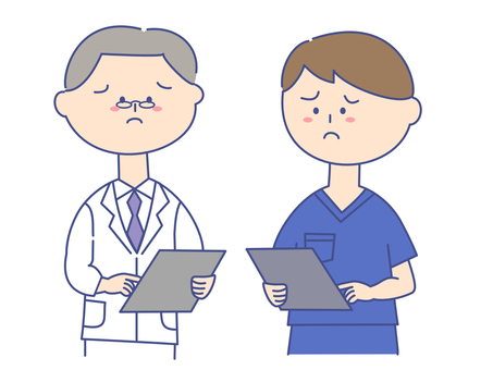 スクラブを着た男性⑩医師と話す困り顔 男性,医師,先生,看護師,白衣,おじいさん,検診,問診,困り顔,バインダーのイラスト素材