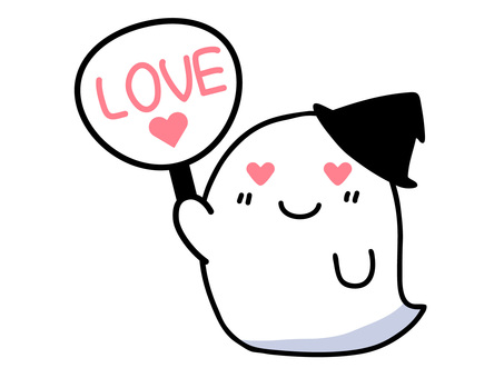 推し活するうちわを持ったハート目のお化け 推し活,おばけ,オタ活,オタク,ハロウィン,三角帽子,ファン,応援,うちわ,ハートのイラスト素材