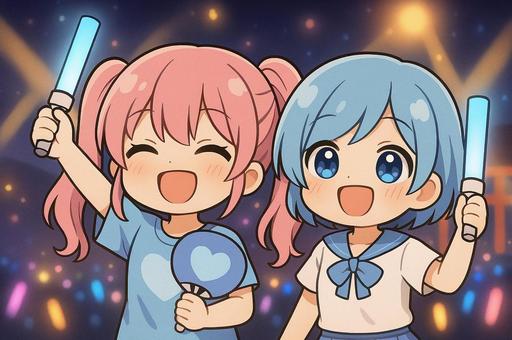推し活女子〜仲良しライブ参戦〜 推し活,オタク女子,ライブ,コンサート,参戦服,ペンライト,アイドル,ヲタ活,友達,仲良しのイラスト素材