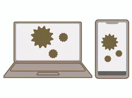 ウィルスとノートパソコンとスマホ pc,スマートフォン,スマホ,ノートパソコン,ウィルス,感染,セキュリティ,マルウェア,対策,被害のイラスト素材