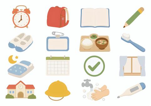 小学校・新学期と生活リズムの素材セット 新学期,入学,登校,学校,小学生,子ども,生活リズム,早寝早起き,朝,身支度のイラスト素材
