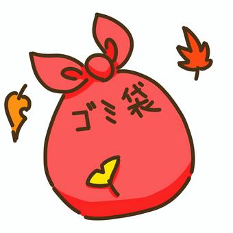 中身の入った赤色のゴミ袋と落ち葉 ゴミ袋,掃除,捨てる,道具,落ち葉,オレンジ,橙色,黄色,赤色,紅葉のイラスト素材