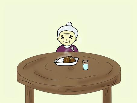 カレーを食べるお婆さん お婆さん,カレー,机,料理,食べるのイラスト素材