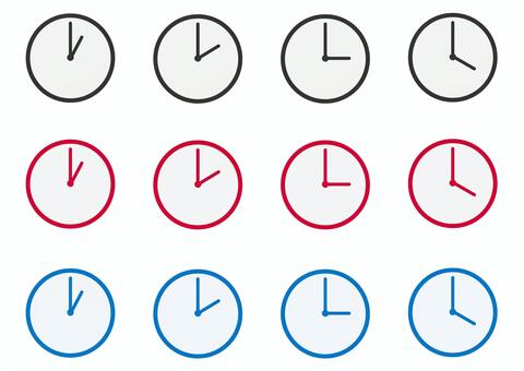 シンプルな時計のアイコンセット_1〜4時 時計,アナログ時計,時刻,スケジュール,時間,文字盤,タイマー,ピクトグラム,1時,2時のイラスト素材