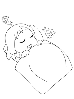 寝る女の子 睡眠,風邪予防,ミニキャラ,女の子,塗り絵のイラスト素材