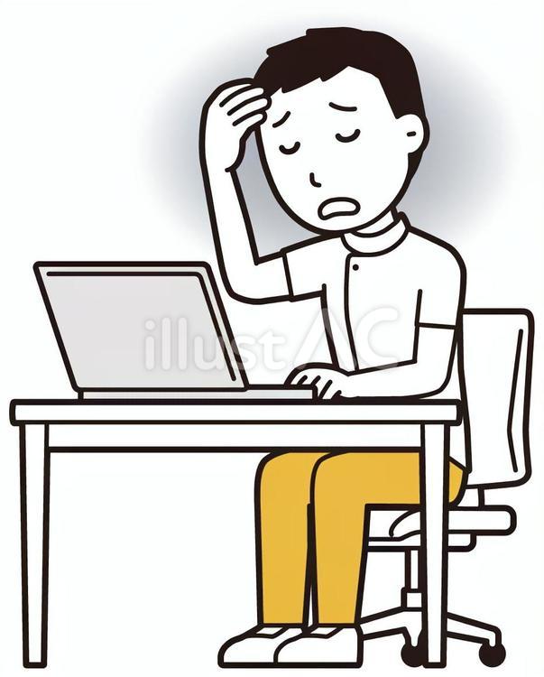  理学療法士男(黄)-014-全身 パソコン,落ち込む,理学療法士のイラスト素材