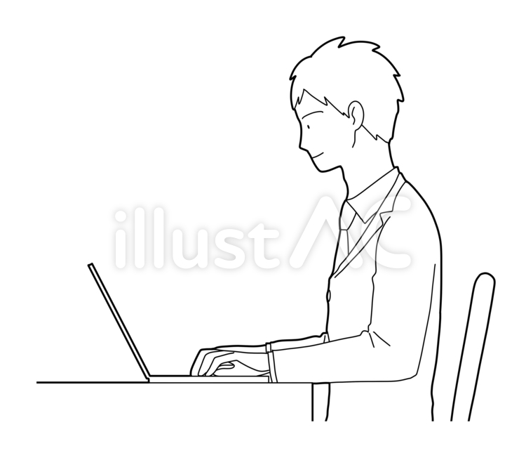 パソコンを使うスーツ男性　横向き(線画) 会社員,社会人,ビジネスマンのイラスト素材