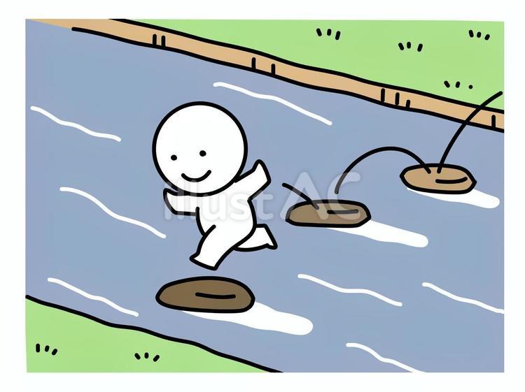ジャンプで川を渡る棒人間 川,渡る,棒人間のイラスト素材