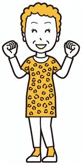  大阪のおばちゃん(黄)-107-全身 笑顔,おばちゃん,大阪,ヒョウ柄,おばはん,中年,女性,関西,派手,おばさんのイラスト素材