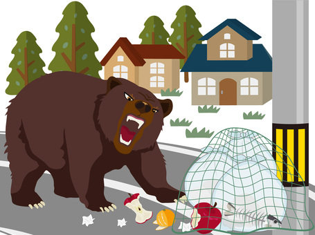 住宅地でゴミを漁る熊 アーバンベア,熊,ツキノワグマ,ヒグマ,動物,歩く,ゴミ,漁る,食べる,空腹のイラスト素材