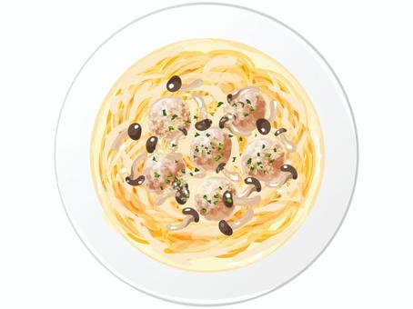 ミートボールクリームスパゲッティ ミートボール,スパゲッティ,クリームソース,洋食,料理,麺類,食べ物,きのこ,皿のイラスト素材