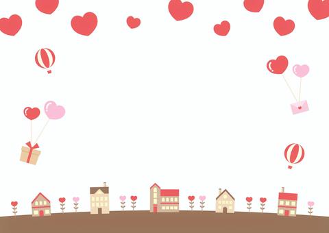 バレンタインの街並みの背景02 バレンタイン,ハート,街並み,背景,フレーム,プレゼント,ガーランド,風船,2月,冬のイラスト素材