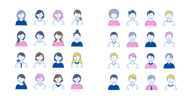 さまざまな人物アイコンセット 人物,顔,表情,男性,女性,若者,社員,学生,同僚,会社のイラスト素材