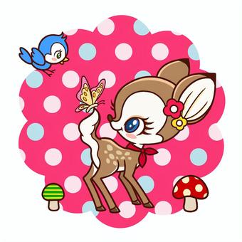 昭和レトロポップ風バンビ 昭和レトロ,バンビ,ポップ,小鳥,きのこ,蝶々,かわいいのイラスト素材