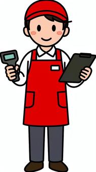 赤スタッフの在庫チェックです。 小売店,スーパー,スタッフ,シンプル,ハンディ,端末,チェックリスト,商品,管理,棚卸しのイラスト素材