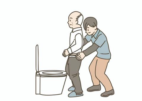 トイレでズボンを下ろす排泄介助 介護,介護士,介護福祉士,ヘルパー,介助,排泄,排泄介助,トイレ,ズボン,脱衣のイラスト素材