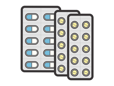 薬（錠剤カプセル・シート３枚）02-01 薬,カプセル,錠剤,ブリスターパック,ptpシート,薬局,病院,病気,治療,アイコンのイラスト素材