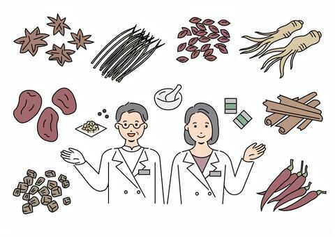 漢方薬と薬剤師さんセット　色付き 漢方薬,薬剤師,薬局,漢方,病院,白衣,アドバイス,指導,先生,医療のイラスト素材