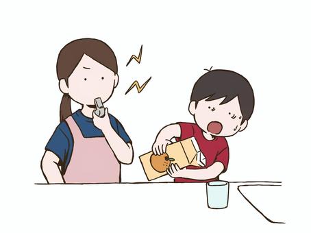 ジュースで水分補給をする子供 男の子,水分補給,ジュース,注意,叱られる,親子,台所,食育,生活習慣,夏休みのイラスト素材