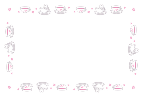 猫入カップ＆紅茶のブラシでできたフレーム 猫,カップ,入る,紅茶,フレーム,ブラシ,かわいいのイラスト素材