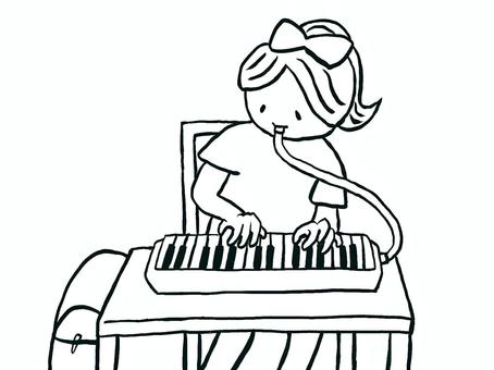 鍵盤ハーモニカを吹く子供(線画ぬりえ版) 鍵盤ハーモニカ,楽器,音楽,演奏,発表会,学校,教室,女の子,子供,子どものイラスト素材